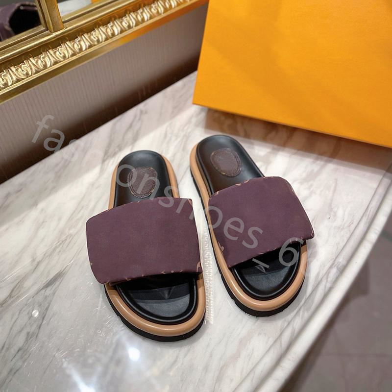 

2022 Designers Women Velcro Slippers POOL PILLOW COMFORT Smooth Calfskin Flat Letter Mules Fashionable Easy-to-wear Rubber Bottom Width Slides 35-42 7 color