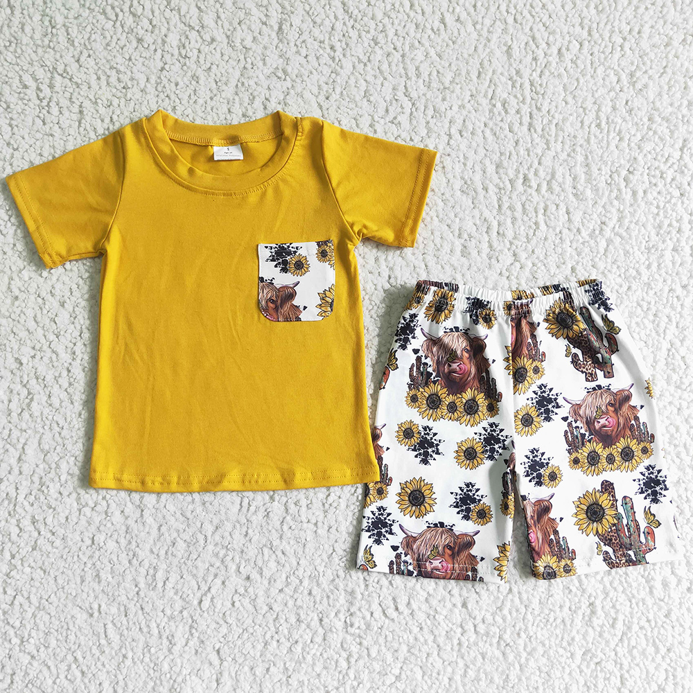 

Wholesale Baby Boy Clothes Set Cow Sunflower Print Fashion Toddler Boys Clothing Western Style Boutique Kids Outfits Short Sleeve Shorts Milk Silk Children Outfit, As picture