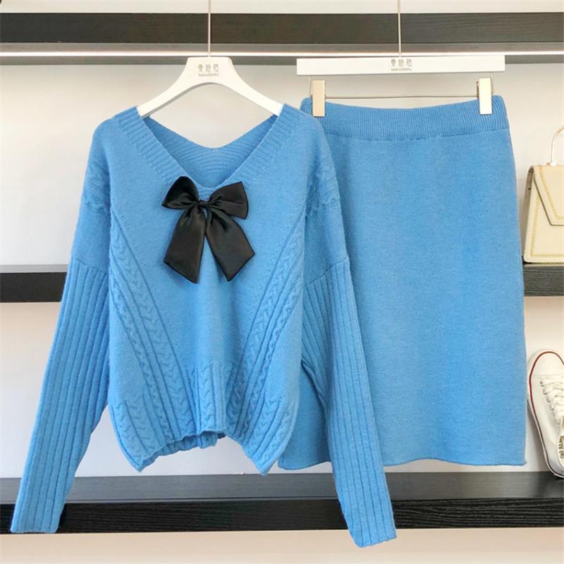 

Women's Knits & Tees Fashion Autumn Two Pieces Women Bow Tie Short Knitted Sweaters + Skirt Long Sleeve Knitting Sweater Bottomings 1459, Blue