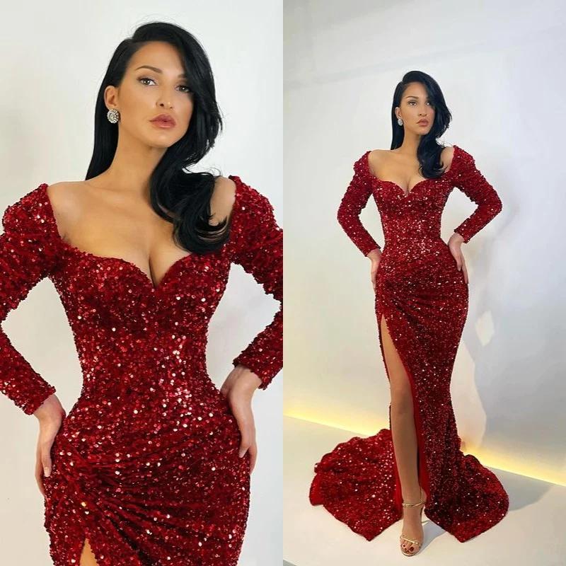 

Party Dresses Unique Wine Red Prom Long Sleeves Sequins Scoop Neck Sexy Split Formal Gowns Maxi Women Night Robe De SoireeParty, Black