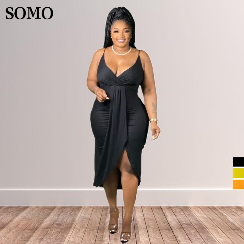 

Plus Size Dresses Fashion Irregular Women Dress Sexy Halter V Neck Summer Clothes Forked Midi Elegant Wholesale DropPlus, Black