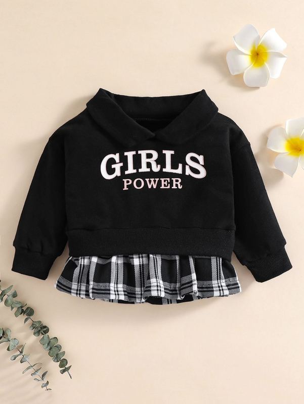 

Baby Letter And Plaid Print 2 In 1 Sweatshirt SHE, Black