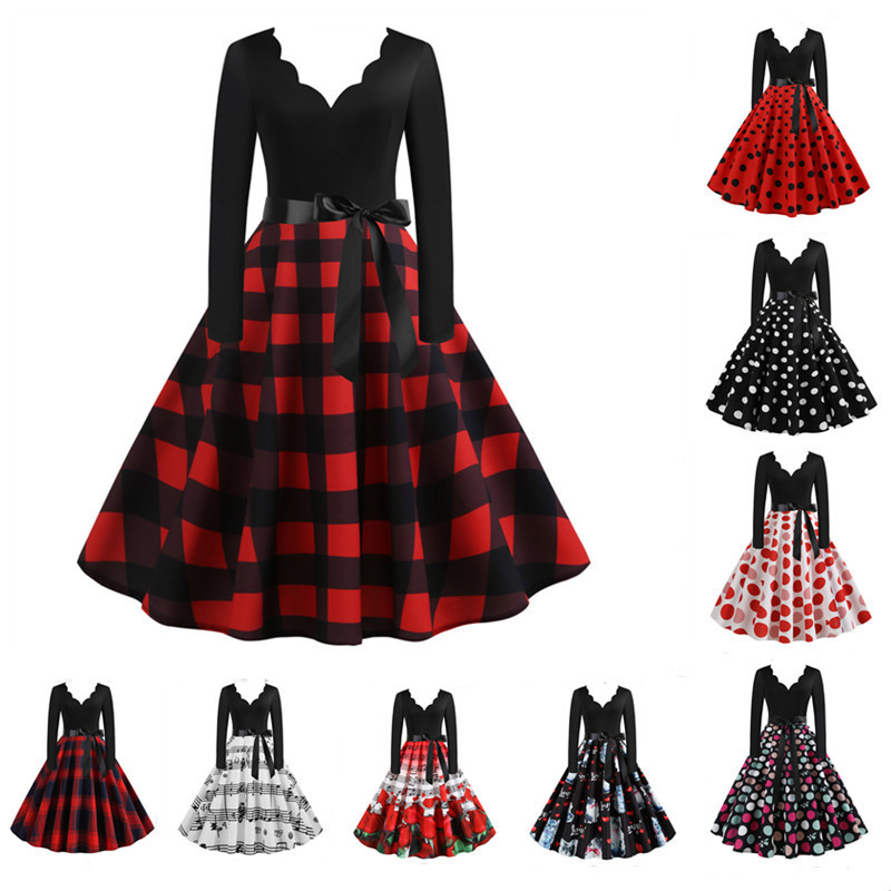 

Black Big Swing Print Vintage Christmas Dress Robe Women Winter Casual Long Sleeve V Neck Valentines Day Party Plus Size 220527, Petticoat red