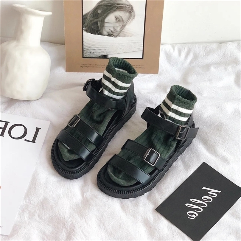 

Women Platform Gladiator Sandals Harajuku Gothic Summer Buckle Strap Shoes Rome Outdoor Beach Black Leather Open Toe Flats 220616, Black a