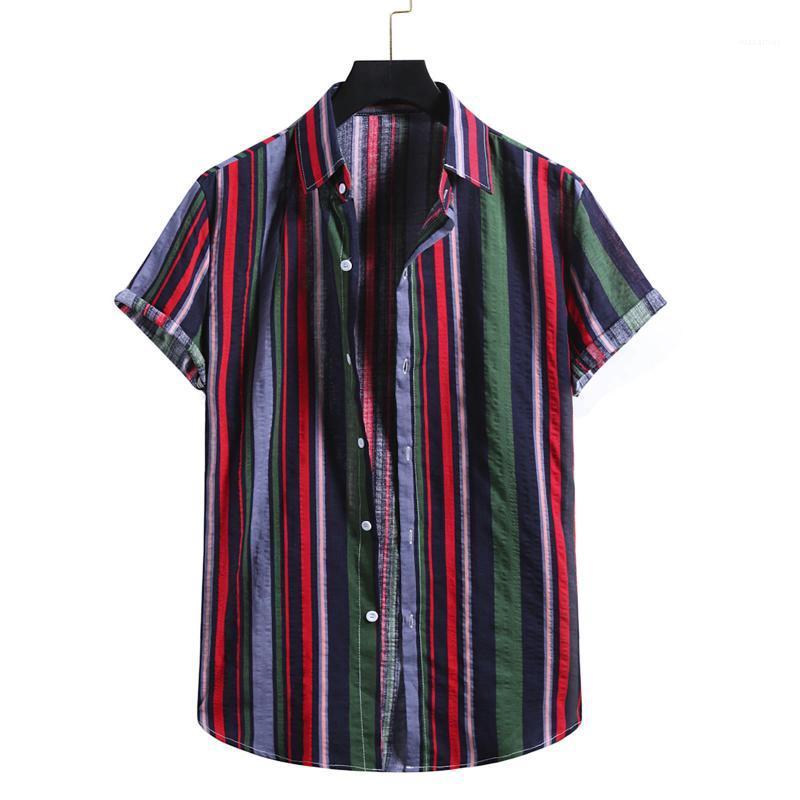 

Summer Short Sleeve 2022 Men' Fashion Cotton Linen Stripe Print Button Shirt Blouse Male Beach Top Shirts Casual