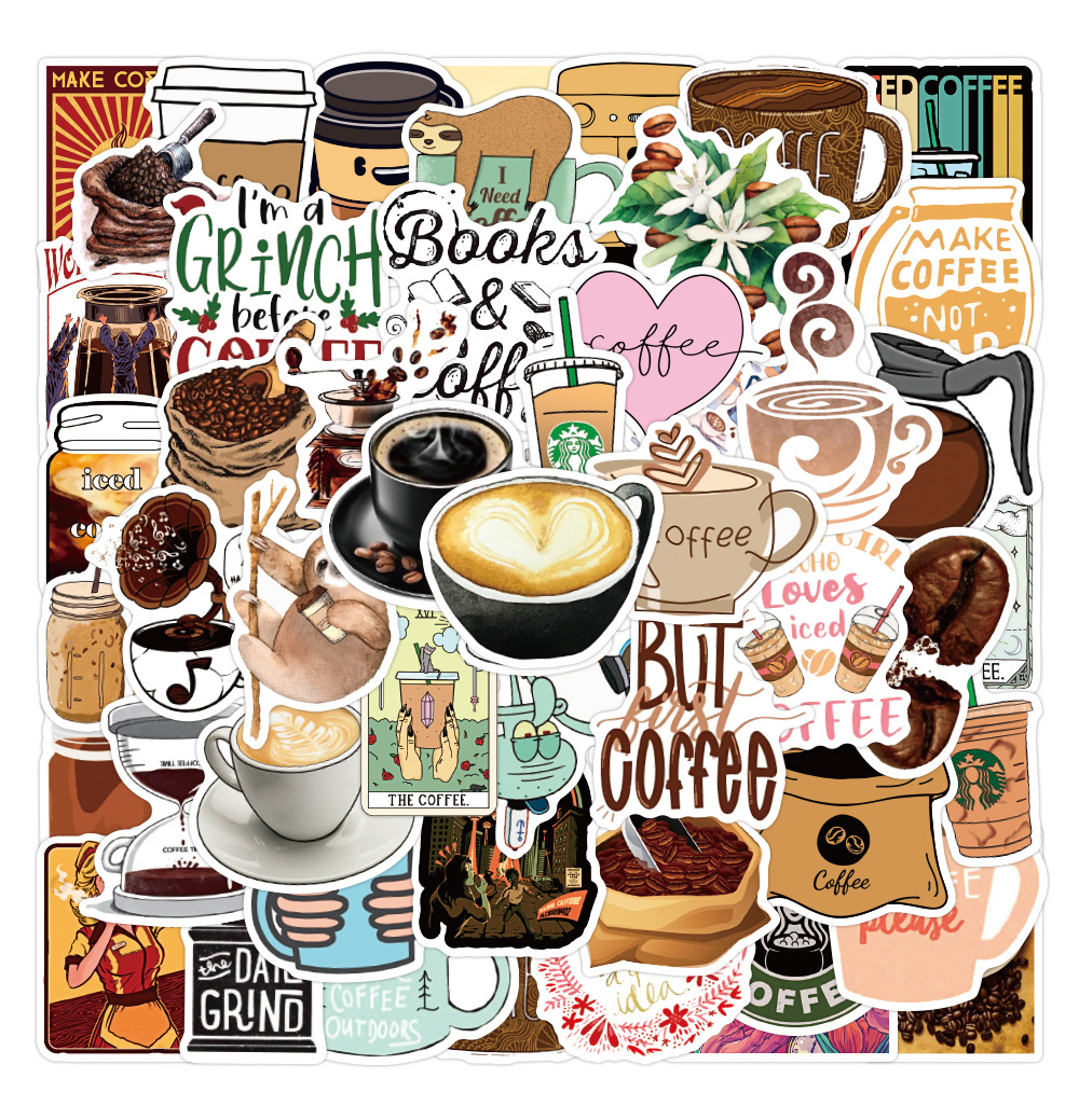

Pack of 50Pcs Wholesale Coffee Stickers No-Duplicate Waterproof For Luggage Skateboard Notebook Helmet Water Bottle Phone Car decals Kids Gifts, Multi-color