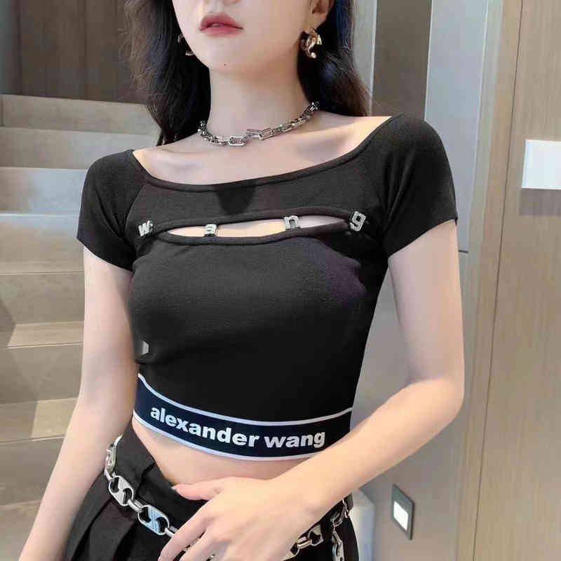 Women's T-Shirt 2022 summer king one line shoulder exposed navel short T-shirt sleeve sexy thin celebrity bottomed top aw R2GT-image-761486049