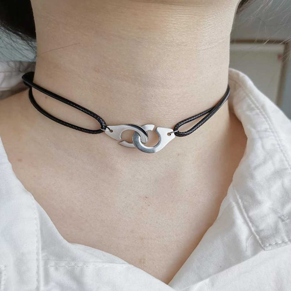 

Harajuku Stainless Steel Handcuff Choker Necklace Cool Red Black Rope Adjustable Les Menottes Cord Neck For Women Party