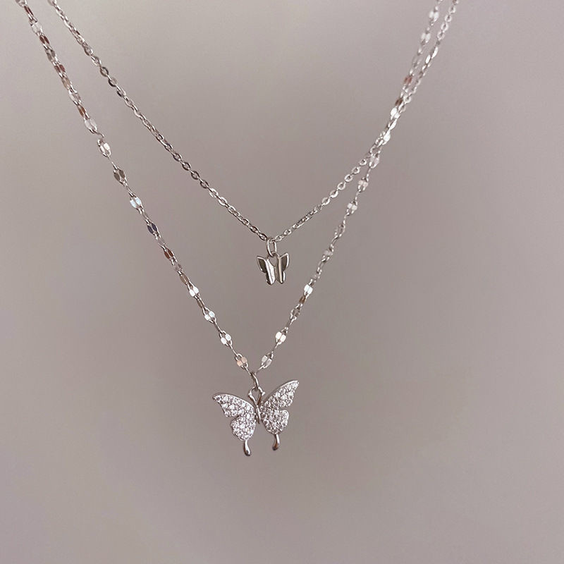 CIAXY 925 Sterling Silver Butterfly Necklace for Women Double Layer Clavicle Chain Shiny CZ Necklace Dainty Gifts Party Jewelry-image-762147502
