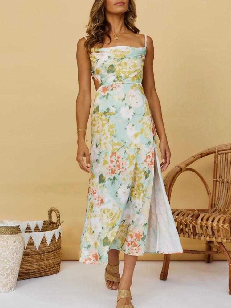 

Casual Dresses Ladies Floral Print Style Sling Dress Vintage Sexy Slim Halter Gown Hem Slit Bandage Chic Female VestidosCasual, Green