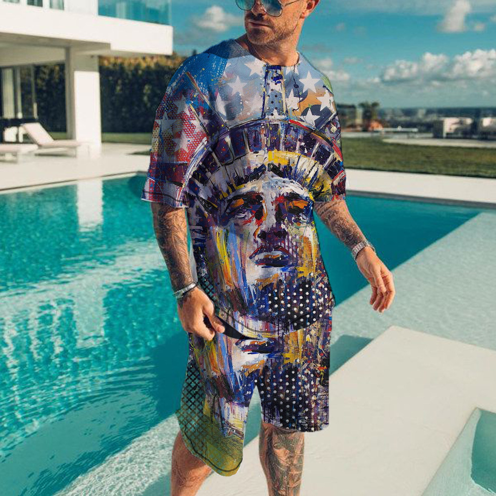 

Men' Tracksuit Sports Suit Summer European And American Fashion Figure Pattern Printing Street Trend Men' 3D Short Sleeve Shorts Set