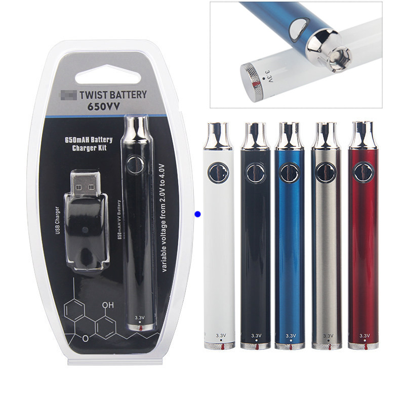 

Moq.2set 650mAh Variable Voltage Twist Vape Pen Preheat 510 Thread Battery With USB Charger For Thick Oil Cartridge E Cig