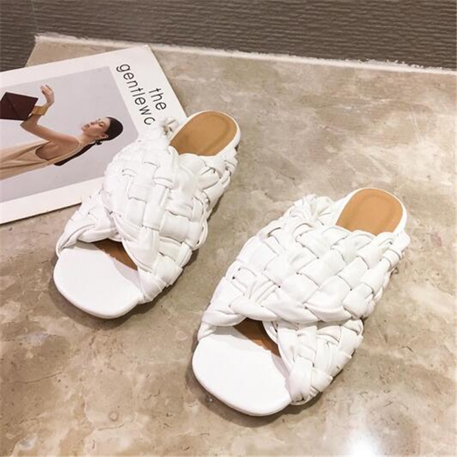 

New Arrival Sandals Woven Women Slippers Square Mules Shoes Ladies Flat Slides Wedding High Heels shoes Dress Shoe, Red