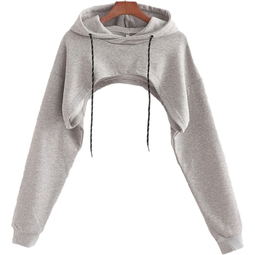 

Women Solid Color Long Sleeve Drawstring Hoodies Sexy Cut Out Backless Super Short Sweatshirt Harajuku Pullover Crop Top 220812, Gy