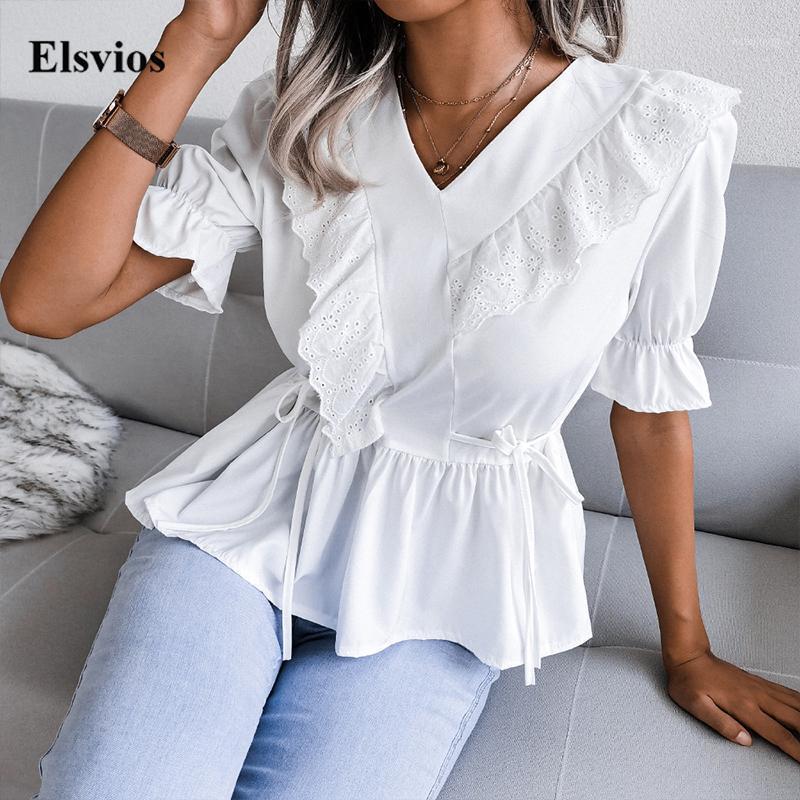 

Women' Blouses & Shirts Spring Summer Tie-Up Chic Solid Blouse 2022 Casual Women Short Sleeve Ruffle Tops Fashion Elegant Lace Office Lady, 01 white