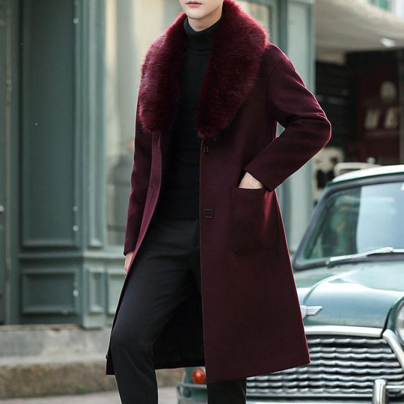

Men's Trench Coats 5XL Large Size Luxury Big Fur Claret Overcoats Mens Black Long For Vintage Winter Burgundy Warm Grey Kend22