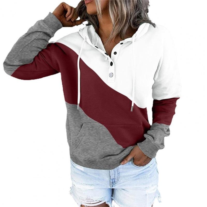 

Women' Hoodies & Sweatshirts Women Sweatshirt Warm Drawstring Hooded Pocket Casual Pullover Color Block Buttons Neck Female Patchwork Stree, Green