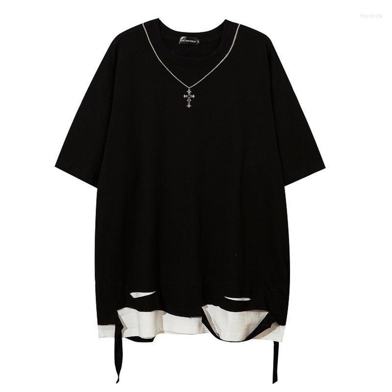 

Men's T-Shirts Hip Hop Oversized Streetwear Black T-shirt Cotton Ripped Harakuju Top Tees With Chains Summer TeesMen's Trix22