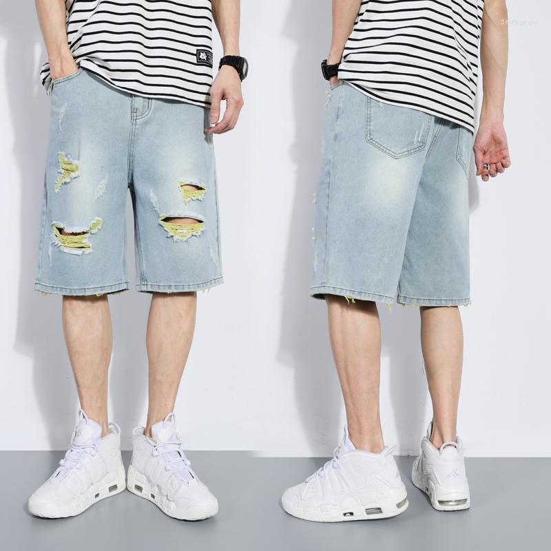 

Men's Jeans Fashion Men's Korean Wide-leg Hole Denim Shorts Knee Length Retro Casual Streetwear Summer Loose Hip-hop Pants Mens Bert22, Style 1
