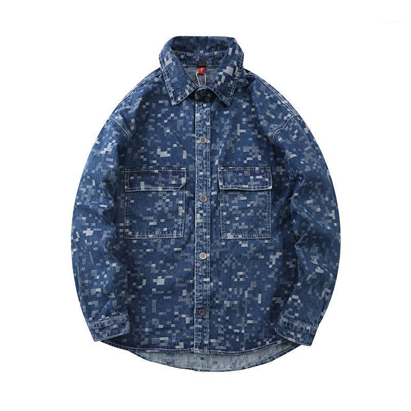 

Mosaic Printed Denim Shirt Men' Fashion Washed Vintage Hip Hop Streetwear Shirts Clothes Casual, Blue