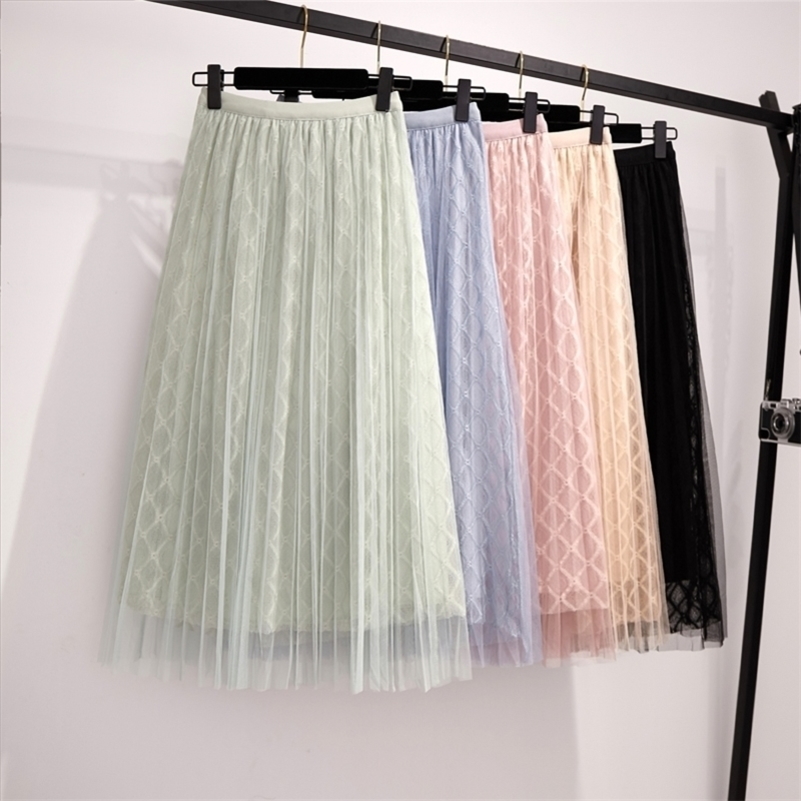 

GIGOGOU Geomatric Spring Summer 3 Layers Midi Mesh Skirt Women Elastic Empire Pleated Skirt Chic Long Tulle Ins Tutu Skirt Femme Y200326, Green g585