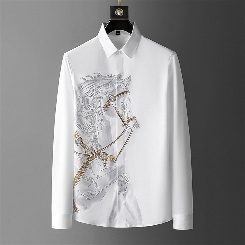 

s Shirts Mens Luxury Top Diamond Men's Long Mouw Slim Casual Black Animal Horse Social Camisa Hombre 220401