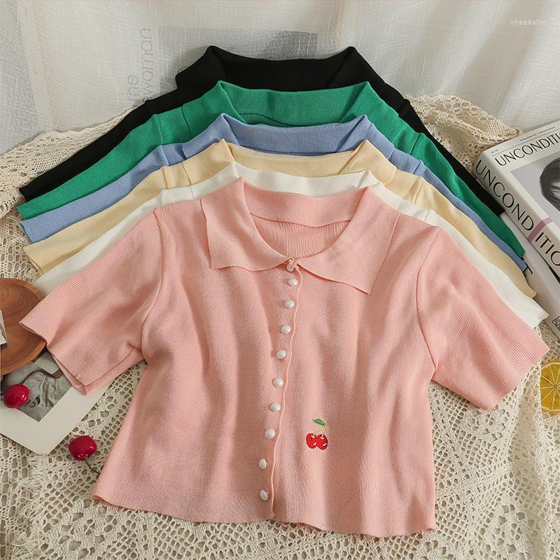 

Women's Blouses & Shirts Cropped Top Woman Knitted Shirt Cherry Embroidery Sweet Style Blusas Button Women Tops Cottagecore Feminina DropWom, White