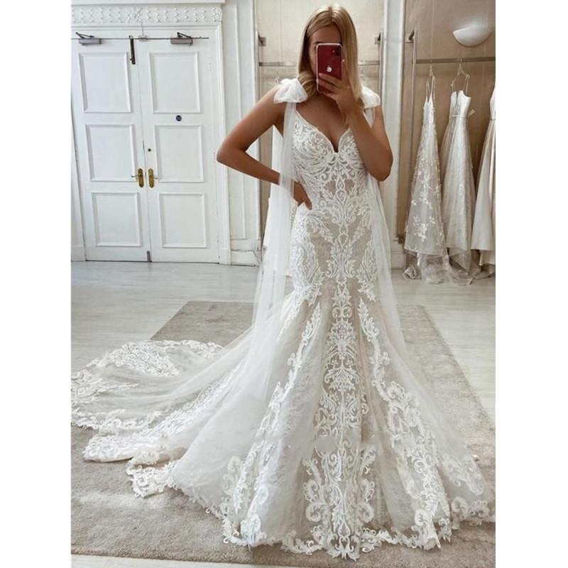 Mermaid Wedding Dresses Sleeveless Lace Illusion Bridal Gowns Appliques Custom Made Lace-Up Back Vestidos De Novia-image-761884215