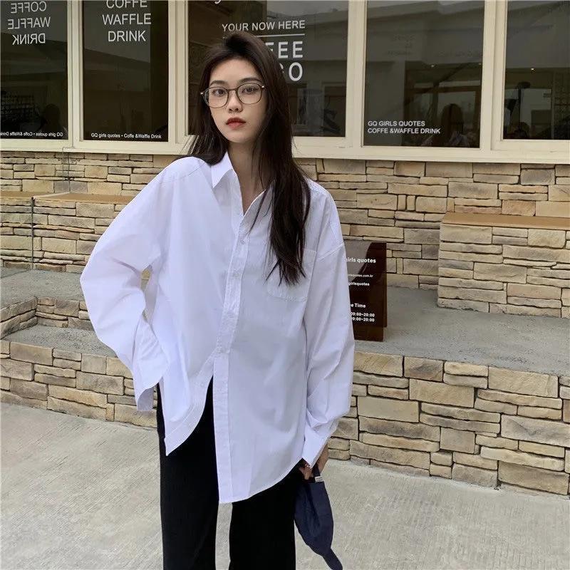 

Women' Blouses & Shirts Autumn Minimalist Style Oversize Women' White Shirt Pocket Button Up Loose Bf Blouse Casual Plus Size Female C