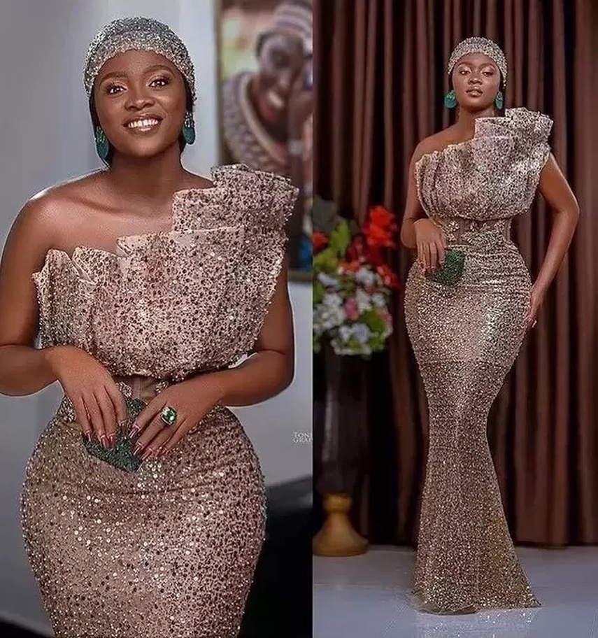 Elegant Rose Gold One Shoulder Mermaid Prom Dresses 2022 White Sparkly Sequins Sweep Train Formal Evening Occasion Gowns For Arabic Women Plus Si