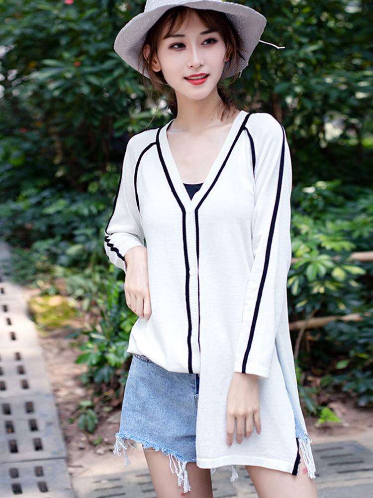 

Women's Knits & Tees Knit Sweater Cardigan Women V Neck Long Sleeve Summer Commuter Fashion Elegant Contrast Color Crochet High Slit Sunscre, Black