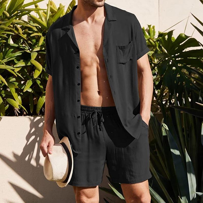 

Men's Tracksuits Summer Men Short Sleeve Set Men's Fashion Linen Sets Shirt Button Beach Shorts Casual 2 Piece SuitMen's, Black