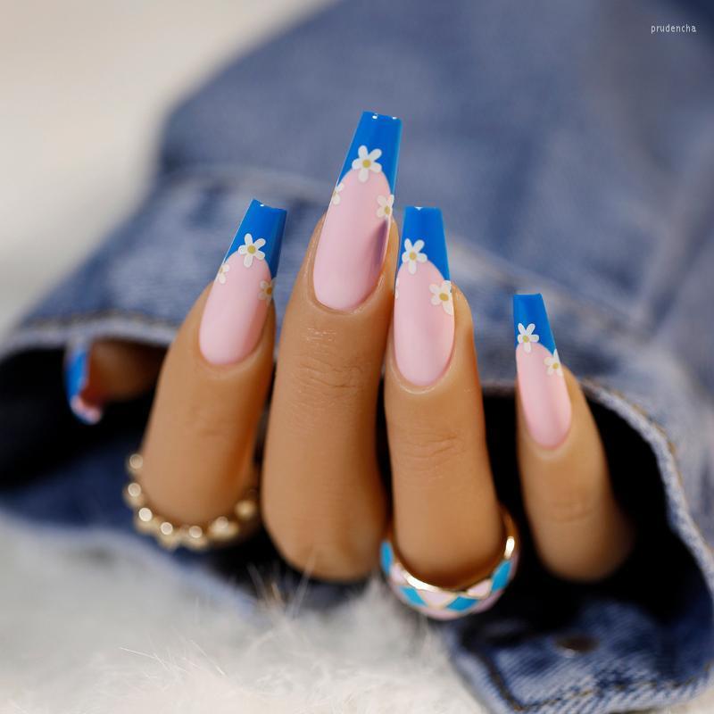

False Nails Detachable Finished Product 24pcs Long Ballet French Blue Floral Fake Full Cover Nail Tips Prud22, 40
