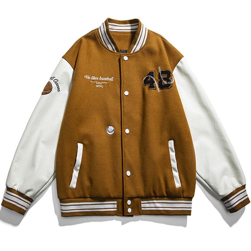 

Men's Jackets High Street Baseball Men Letter Embroidered PU Leather Splice Preppy Style Varsity Jacket Vintage Oversized Coats UnisexMen's, Khaki