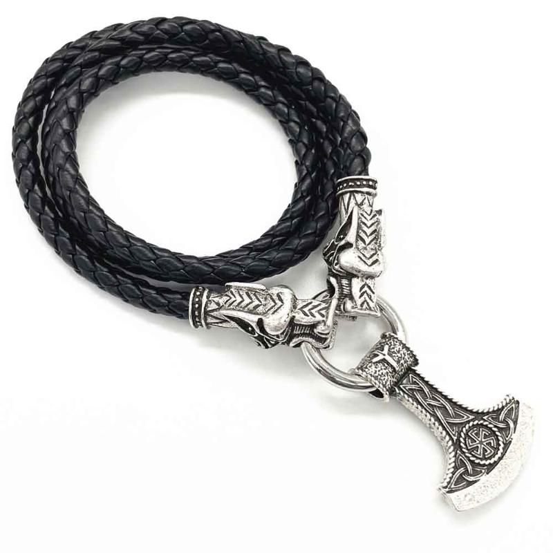 

Pendant Necklaces Nostalgia Kolovrat Symbol Slavic Perun Axe AlGIZ Rune Viking Wolf Heads Leather Chain Necklace Collier Sautoir LongPendant