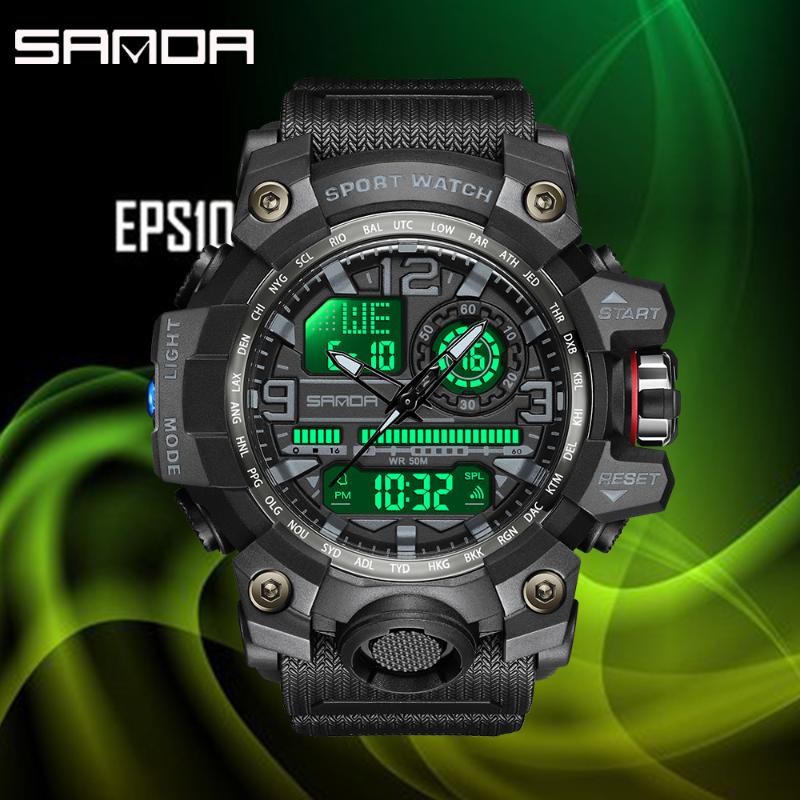 

Wristwatches SANDA Brand Mens Sport Waterproof Wristwatch Fashion Double Display Digital Quartz Watch Men LED Military Analog, Black
