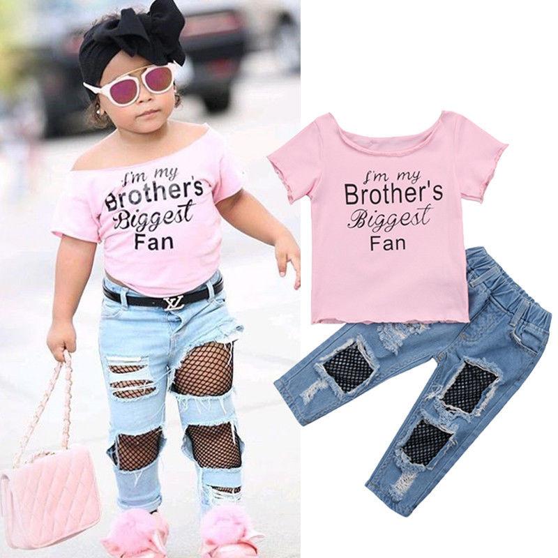 

Clothing Sets Summer Casual Kids Baby Girls Set Cotton T-shirt Tops Fishnet Destroy Denim Pants 2pcs Children Jeans Clothes Outfits SetsClot, Pink