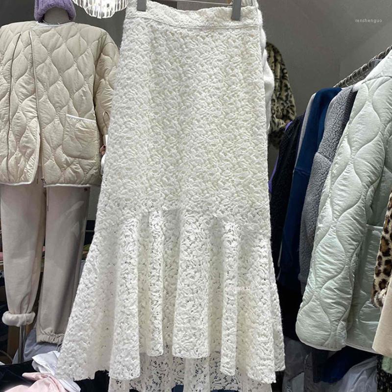 

Skirts Korean High Waist Skirt Lace White Vintage Fashion Elegant Women Black Sexy Saia Chic Hollow Out Midi MermaidSkirt Faldas Mujer
