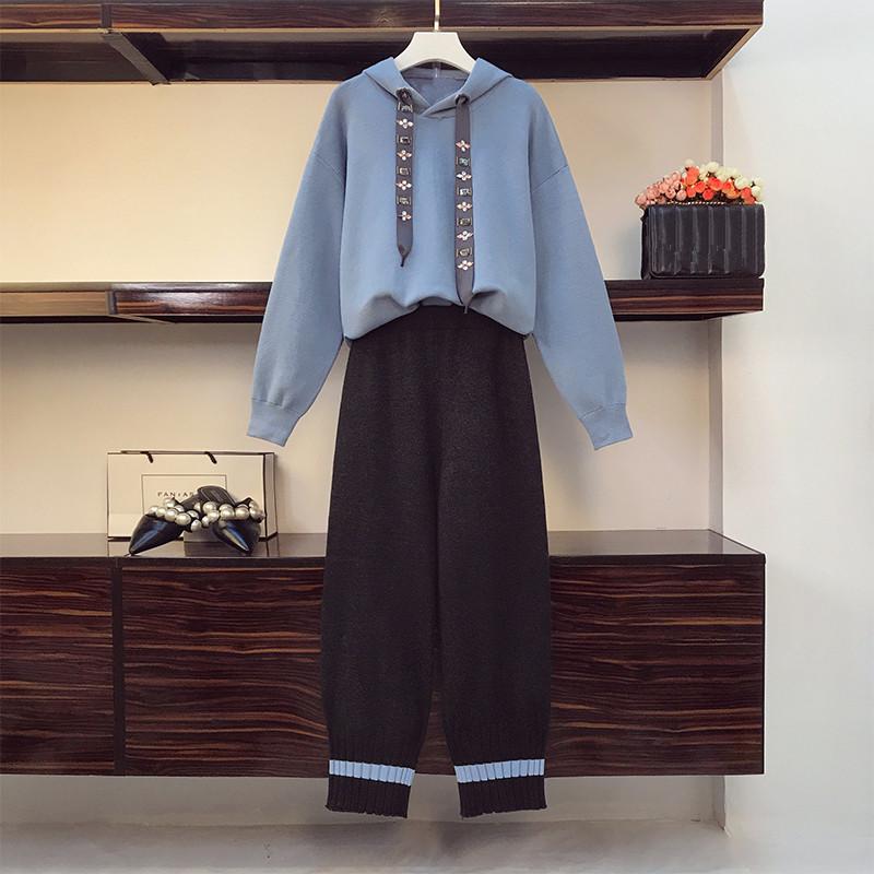 

Women's Two Piece Pants High Quality Knitted Tracksuit 2 Set Autumn Women's Hooded Pullover Top Casual Knit Sweatshirts SuitWomen's, Blue