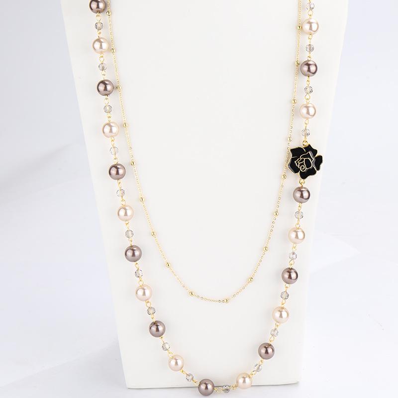 

Chains High Quality Women Long Camellia Pendants Layered Pearl Necklace Collares De Moda Flower Party Jewelry