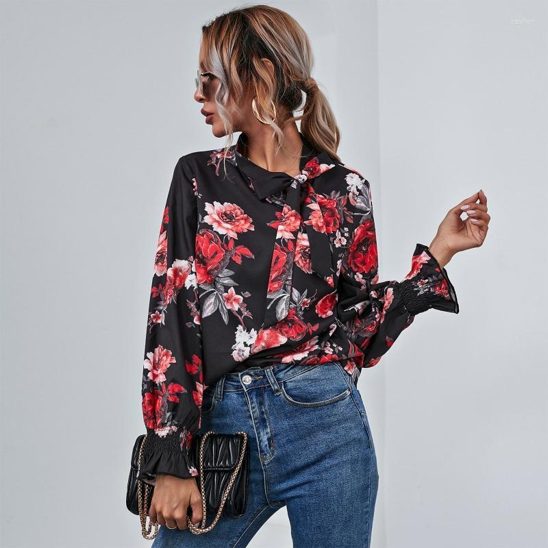 

Women's Blouses & Shirts Women Puff Long Sleeve Chiffon Blouse Bow Tied Neck Floral Printed Loose ShirtWomen's, As pic
