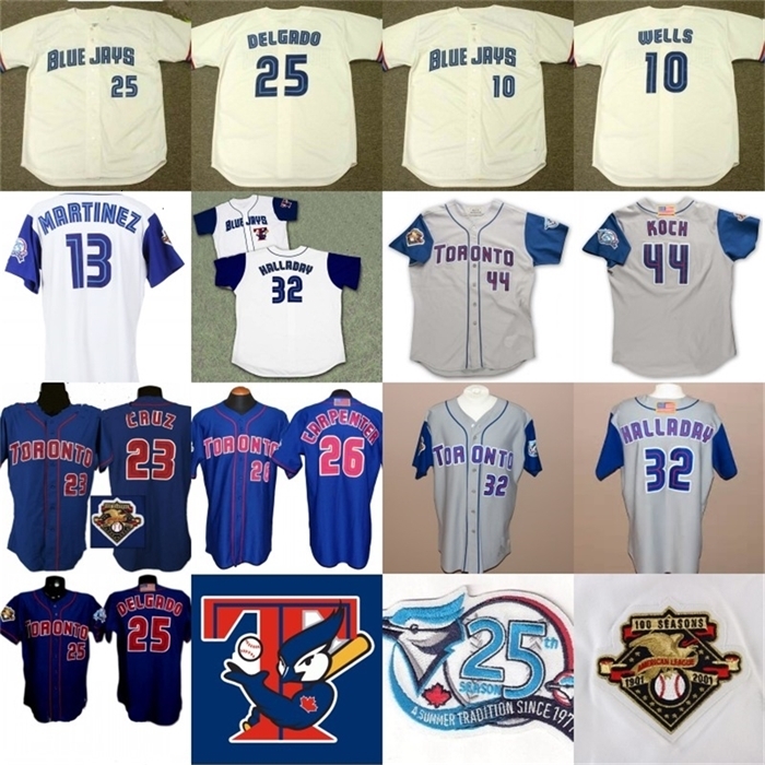 

Sj98 2001 Toronto 25th Anniversary Patch 10 Vernon Wells 23 Jose Cruz 25 Carlos Delgado 26 Chris Carpenter 32 Roy Halladay Baseball Jerseys, White any name any number