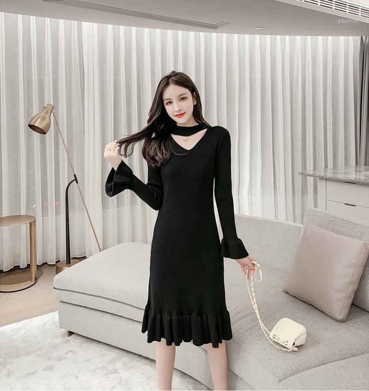 

Casual Dresses 2022 Autumn Winter Women Knitted Sweaters Female V-neck Solid Long Sleeve Elegant A-line Slim Dress, Black