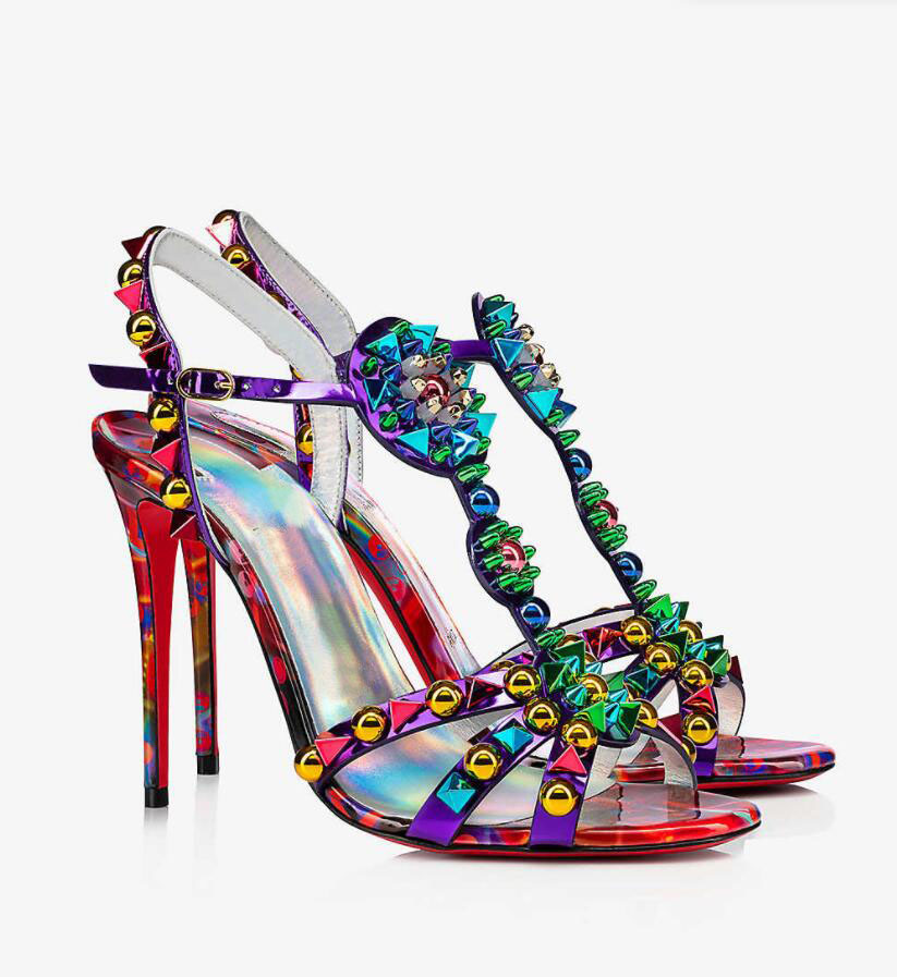 

Luxury brands Women high heels sandal colors rivets spiked shoes reds sole female sandals Goldora 100mm leather heeled sandals wedding party dress red botto, 11