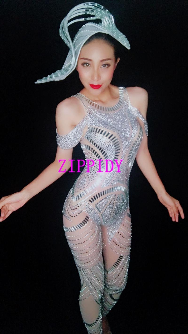 

Women' Jumpsuits & Rompers Sexy Bright Rhinestones Mesh Jumpsuit Fashion Big Stretch See Throught Crystals Custom Made Size OutfitWomen, Dress