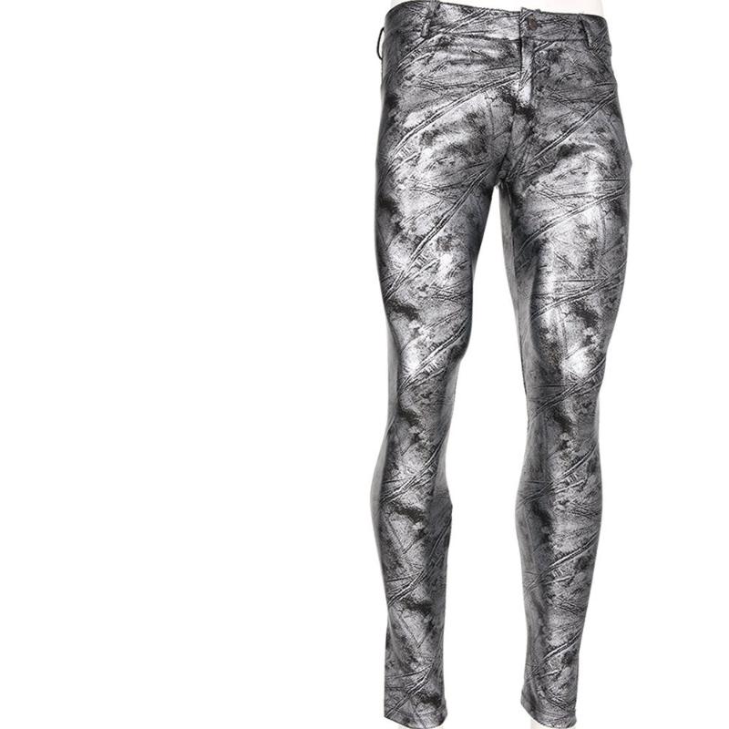 

Men' Pants Men Sexy Faux Leather Velvet Liner Skinny Motorcycle Trousers StylishMen, Silver