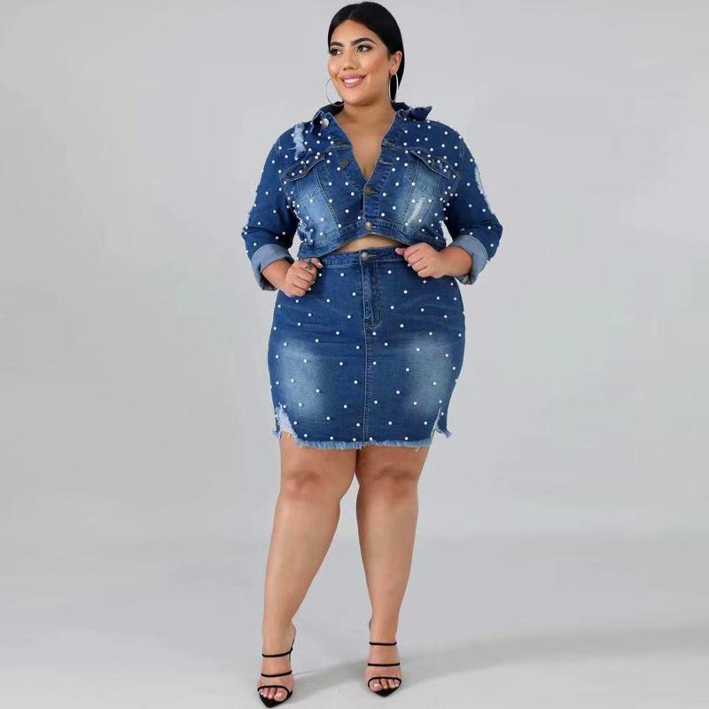 

Women039s Plus Size Tracksuits Women Clothing Two Piece Set Washed Casual Ladies Outfits Denim Suit Women39s Skirt Spring Se5033879, Dark blue