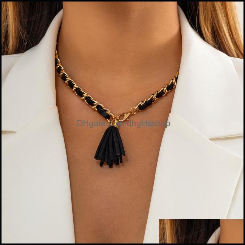 

Chains Necklaces Pendants Jewelry Ingesight.Z Cross Pu Leather Metal Choker Collar For Women Black Tassel Pendant V Dha8H