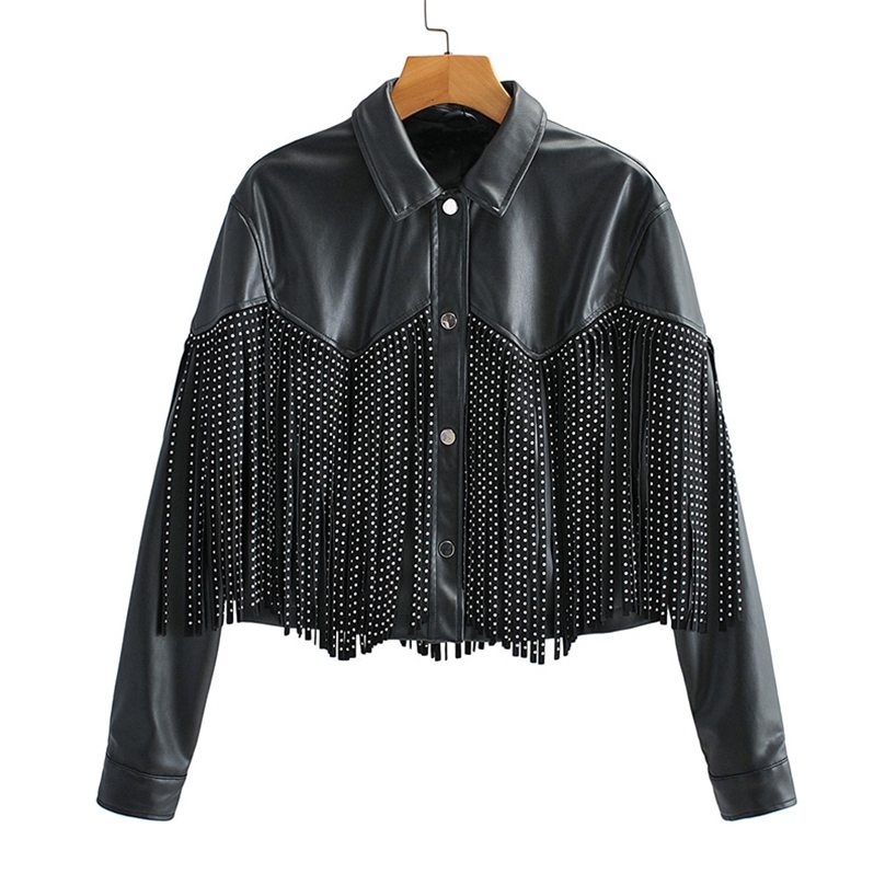 

FTLZZ Autumn Winter Tassel Rivet Faux Leather short Jackets Women Loose Moto Bike Soft PU Leather Coat Single Breasted Outwear 220813, Black