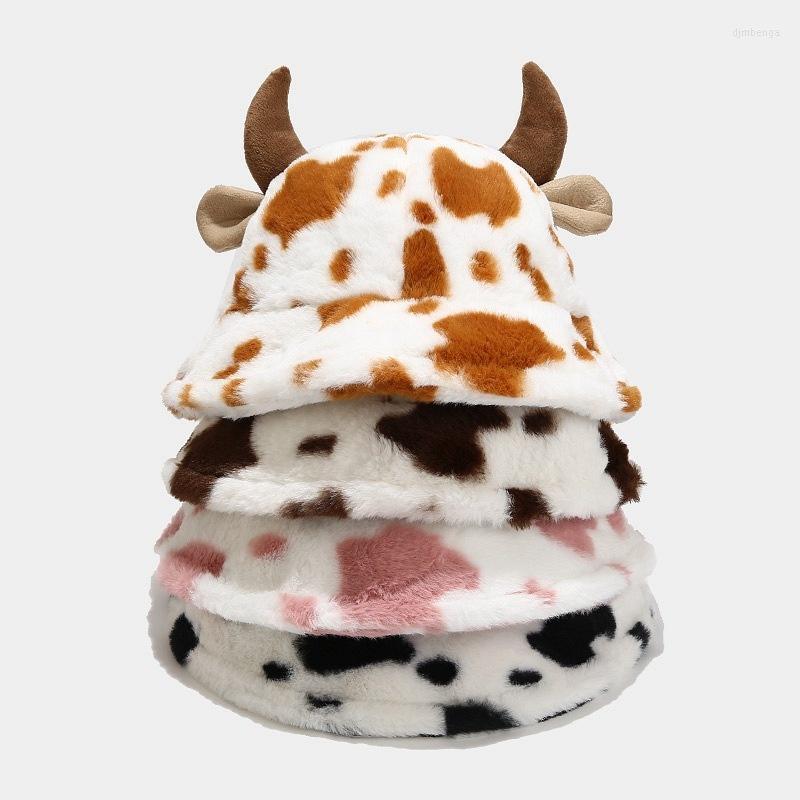

Berets Plush Hats Warm Basin Women Men Summer Cotton Bucket Hat Milk Cow Pattern Kawaii Horn Ears Wide Brim Sunscreen Fisherman Cap, Black